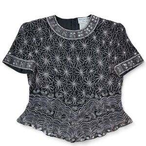 Vtg 80s Papell Boutique Beaded Silk Blouse Top Art Deco Black Silver S Scalloped